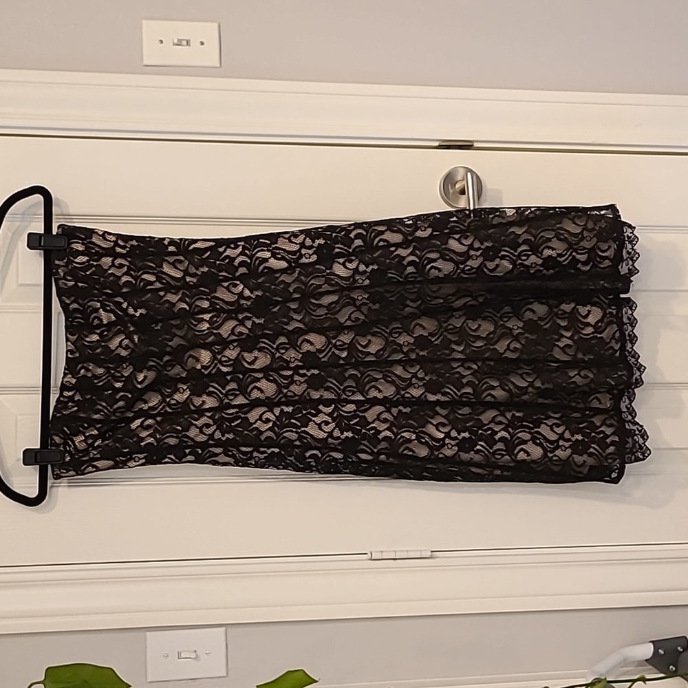 Black and champagne strapless lace dress